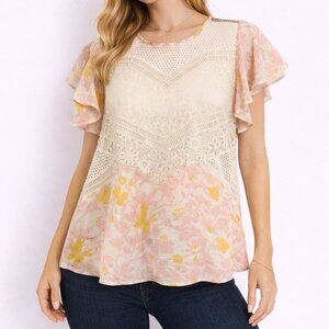 Anthro HD in Paris Flores Lace Blouse Size 0 Flutter Sleeve Floral Eyelet Top